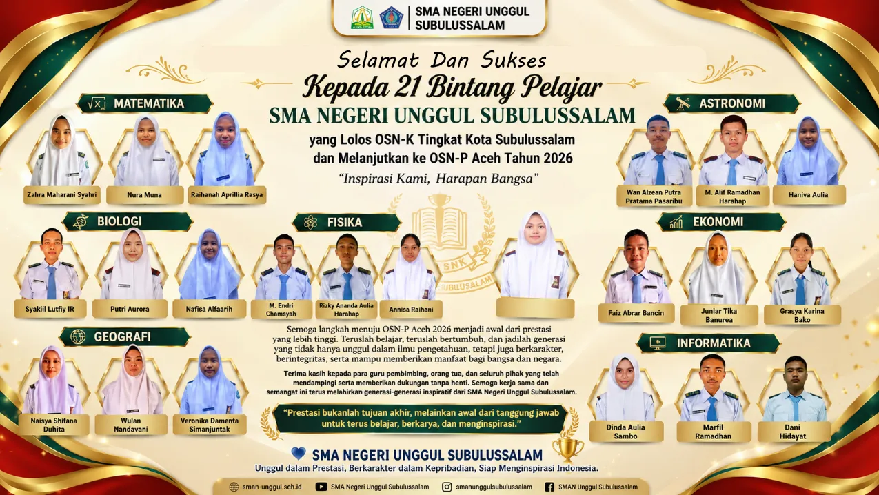 Membanggakan! SMA Negeri Unggul Subulussalam Masuk Jajaran Sekolah Berprestasi dengan 21 Siswa Melaju ke OSN-P Aceh 2026