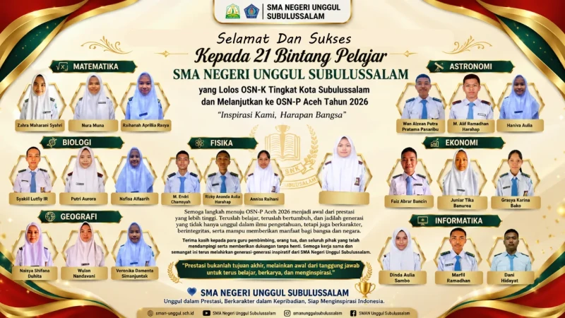 Membanggakan! SMA Negeri Unggul Subulussalam Masuk Jajaran Sekolah Berprestasi dengan 21 Siswa Melaju ke OSN-P Aceh 2026